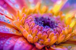 A closeup photo showing the vivid colors and intricate details of a flower adorned with water droplets