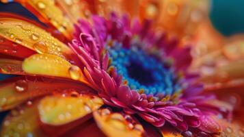 A closeup photo showing the vivid colors and intricate details of a flower adorned with water droplets