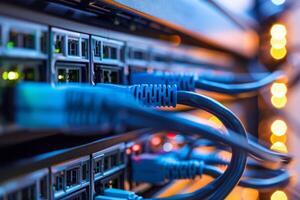 Network cables in a data center connect servers with LED lights for fast and efficient data communication photo