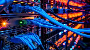Network cables in a data center connect servers with LED lights for fast and efficient data communication photo