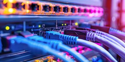 Network cables in a data center connect servers with LED lights for fast and efficient data communication photo