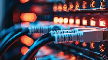 Detailed shot of network cables and server equipment in a technology data center with vivid lighting. photo