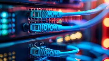 Closeup of Ethernet cables connected to a server with glowing LED lights, representing data connectivity. photo