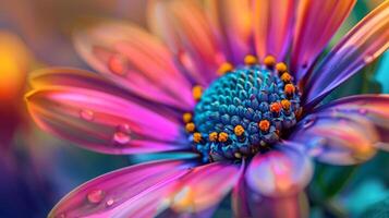 A closeup photo showing the vivid colors and intricate details of a flower adorned with water droplets