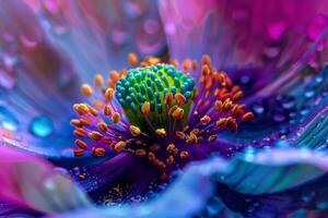un de cerca foto demostración el vívido colores y intrincado detalles de un flor adornado con agua gotas