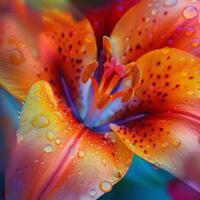 Showcase the beauty of an abstract blooming flower with a detailed macro shot, vibrant colors, and intricate details photo