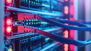Network cables in a data center connect servers with LED lights for fast and efficient data communication photo