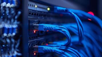 Network cables in a data center connect servers with LED lights for fast and efficient data communication photo