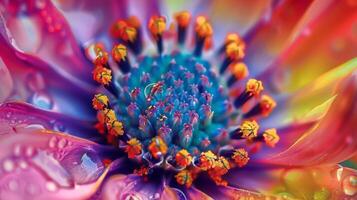 A closeup photo showing the vivid colors and intricate details of a flower adorned with water droplets