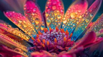 A closeup photo showing the vivid colors and intricate details of a flower adorned with water droplets