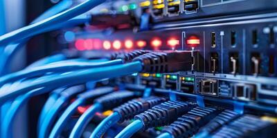 Closeup of Ethernet cables connected to a server with glowing LED lights, representing data connectivity. photo