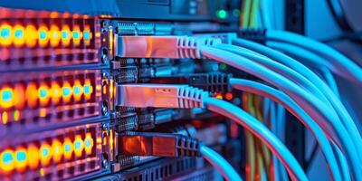 Closeup of Ethernet cables connected to a server with glowing LED lights, representing data connectivity. photo