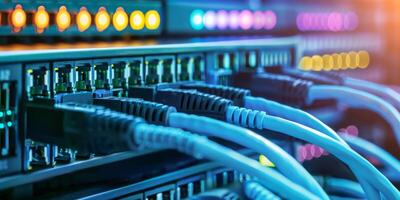 Closeup of network infrastructure with cables connected to switches, showing connectivity and data transmission photo