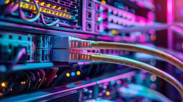 Data center with network servers, yellow cables, blinking lights, high connectivity showing modern IT infrastructure photo