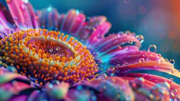 A closeup photo showing the vivid colors and intricate details of a flower adorned with water droplets