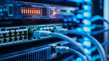 Closeup of Ethernet cables connected to a server with glowing LED lights, representing data connectivity. photo