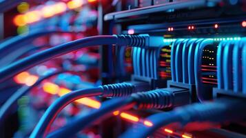 Network cables in a data center connect servers with LED lights for fast and efficient data communication photo