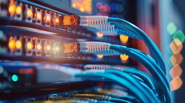 Closeup of Ethernet cables connected to a server with glowing LED lights, representing data connectivity. photo