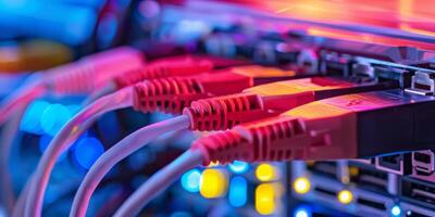 Data center cables connect to switches with bright LEDs, showing hightech connectivity and infrastructure photo