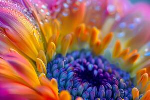 un de cerca foto demostración el vívido colores y intrincado detalles de un flor adornado con agua gotas