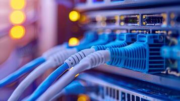 Closeup of Ethernet cables connected to a server with glowing LED lights, representing data connectivity. photo