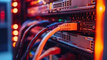Close-up view of a server rack with network cables and connectors, showcasing data center technology. photo