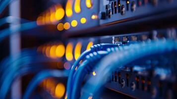 Network cables in a data center connect servers with LED lights for fast and efficient data communication photo