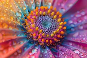 A closeup photo showing the vivid colors and intricate details of a flower adorned with water droplets