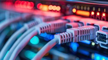 Close-up of high-speed network cables connected to data servers, illustrating modern technology infrastructure. photo