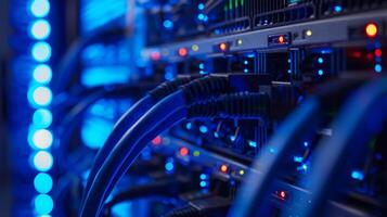 Network cables in a data center connect servers with LED lights for fast and efficient data communication photo