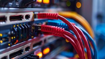 Image of network server with redblue ethernet cables, symbolizing digital network communication and connectivity photo