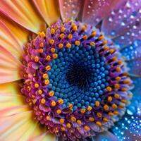 A closeup photo showing the vivid colors and intricate details of a flower adorned with water droplets