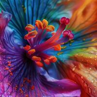 Stunning macro shot of a colorful flower with water droplets showcasing its vivid petals and intricate details. photo