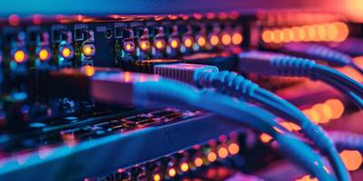 Network cables in a data center connect servers with LED lights for fast and efficient data communication photo