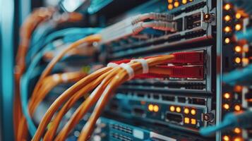 Data center with network servers, yellow cables, blinking lights, high connectivity showing modern IT infrastructure photo