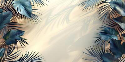 Beautiful tropical leaves cast intricate shadows on a neutral backdrop, illuminated by soft lighting photo