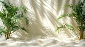 Tropical scene with palm leaves casting shadows over sandy surface for serene and tranquil background. photo