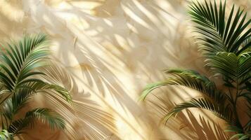 Tropical green palm leaves with sunlight and shadow on a sand-colored background, creating a summer vibe. photo