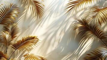 A tranquil scene of elegant palm leaves casting intricate shadows on a sunlit wall, exuding natural beauty. photo