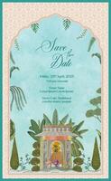 Decorative frame with a garden scene Mughal wedding invitation card design, featuring plants, an Indian-style gazebo, tropical trees, a peacock, and watercolor background vector