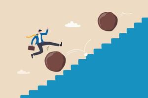 Overcome obstacle, effort or adversity for business growth, difficulty, challenge to win competition, skill or leadership concept, businessman jump over falling boulder to climb up stair of success. vector
