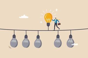 Difference idea innovation, discover opportunity to success, creativity or passion to improve career, wisdom or smart discovery concept, businessman discover bright lightbulb from difference others. vector