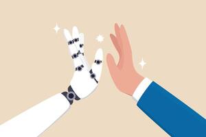 Working together with AI Artificial Intelligence, human cooperate with machine or robot, AI help or support coworker, assistance or partnership concept, businessman hand high five with robot hand. vector