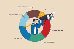 Marketing strategy, data analysis chart and graph, financial forecast or stock market diagram, research data or investment planning concept, businessman on pie chart looking thorough binoculars. vector