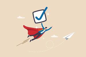 Checklist or checkbox to complete work, check mark or accomplishment, tick to do list or task management, report or vote approval concept, businessman superhero flying with checkmark completion. vector