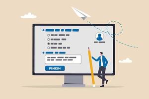 Online questionnaire survey, customer feedback choice or checklist, internet exam, opinion or comment, answer question, surveyor poll concept, man with pencil finish online questionnaire on computer. vector