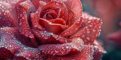 A beautiful closeup shot captures the details of a vibrant red rose covered in dew drops, highlighting its texture and color. Perfect for projects related to romance, nature, and flowers photo
