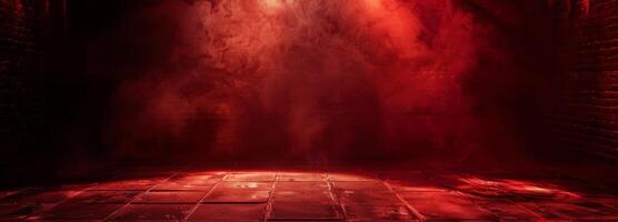 Smoke, Fog, Steam, Red Dark Podium, Night Retro Brick Stage, Garage Room, Corridor, bar, Empty Space with Spot Lights Realistic Background. 3D Rendering Illustration. High quality photo