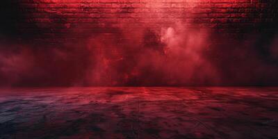 Smoke, Fog, Steam, Red Dark Podium, Night Retro Brick Stage, Garage Room, Corridor, bar, Empty Space with Spot Lights Realistic Background. 3D Rendering Illustration. High quality photo