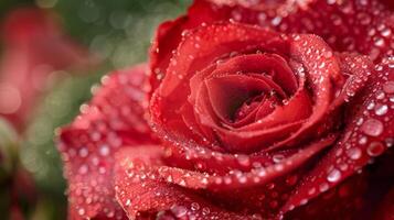 A beautiful closeup shot captures the details of a vibrant red rose covered in dew drops, highlighting its texture and color. Perfect for projects related to romance, nature, and flowers photo